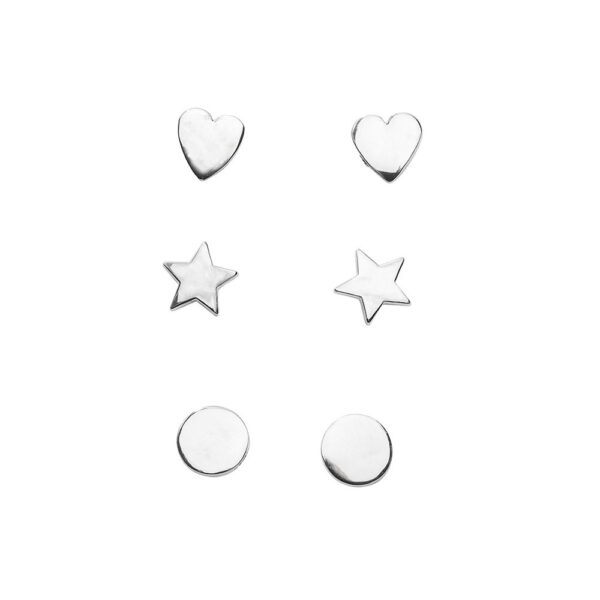 3 parin korvakorusetti, jossa sydän-, tähti- sekä pyöreät laattakorvakorut.