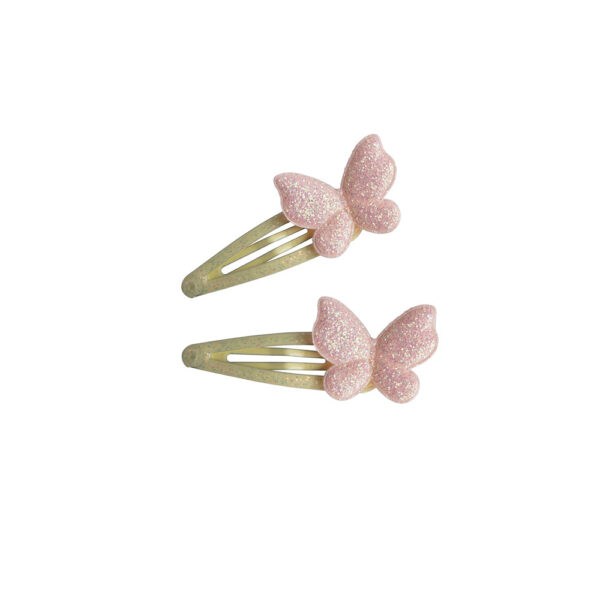 Vaaleanpunaisilla kimaltavilla koristeilla olevat lasten perhoskoristeiset hiuspinnit 2kpl.