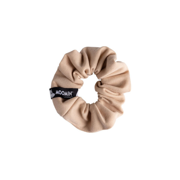 Beige hiusdonitsi / scrunchie mustalla Muumi -merkillä.